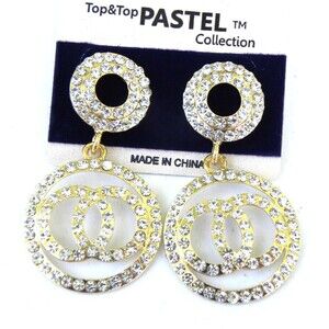 Rhinestone Earrings Statement Gold Tone Dangle Drop Round